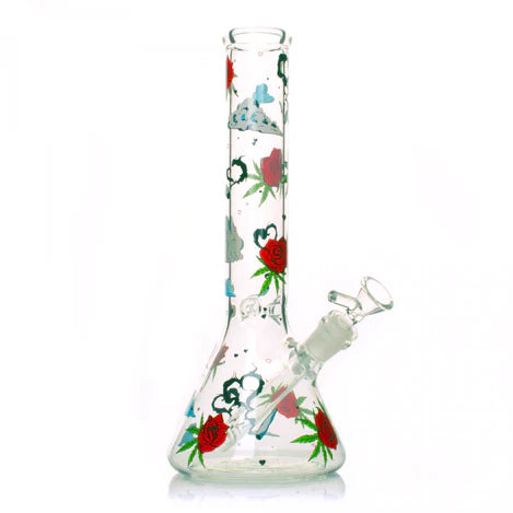 Red Eye Glass 12" Roses & Weed Beaker Base Water Pipe